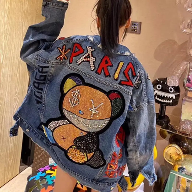 Denim Jacket with Paris Cute Bear Letters for Women Blue / L