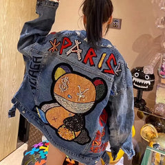 Denim Jacket with Paris Cute Bear Letters for Women Blue / L