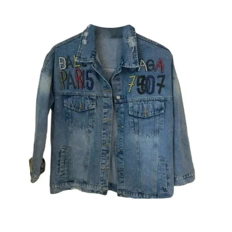 Denim Jacket with Paris Cute Bear Letters for Women