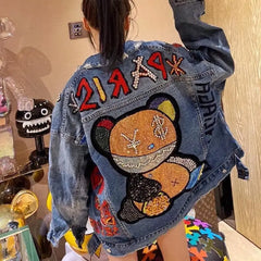 Denim Jacket with Paris Cute Bear Letters for Women