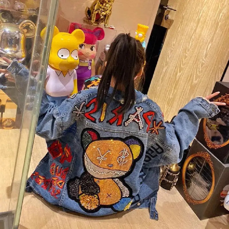 Denim Jacket with Paris Cute Bear Letters for Women