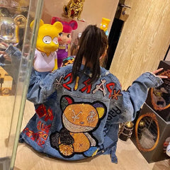 Denim Jacket with Paris Cute Bear Letters for Women