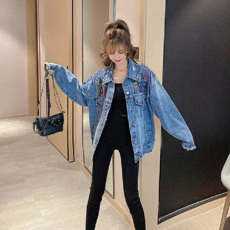 Denim Jacket with Paris Cute Bear Letters for Women