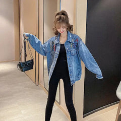 Denim Jacket with Paris Cute Bear Letters for Women