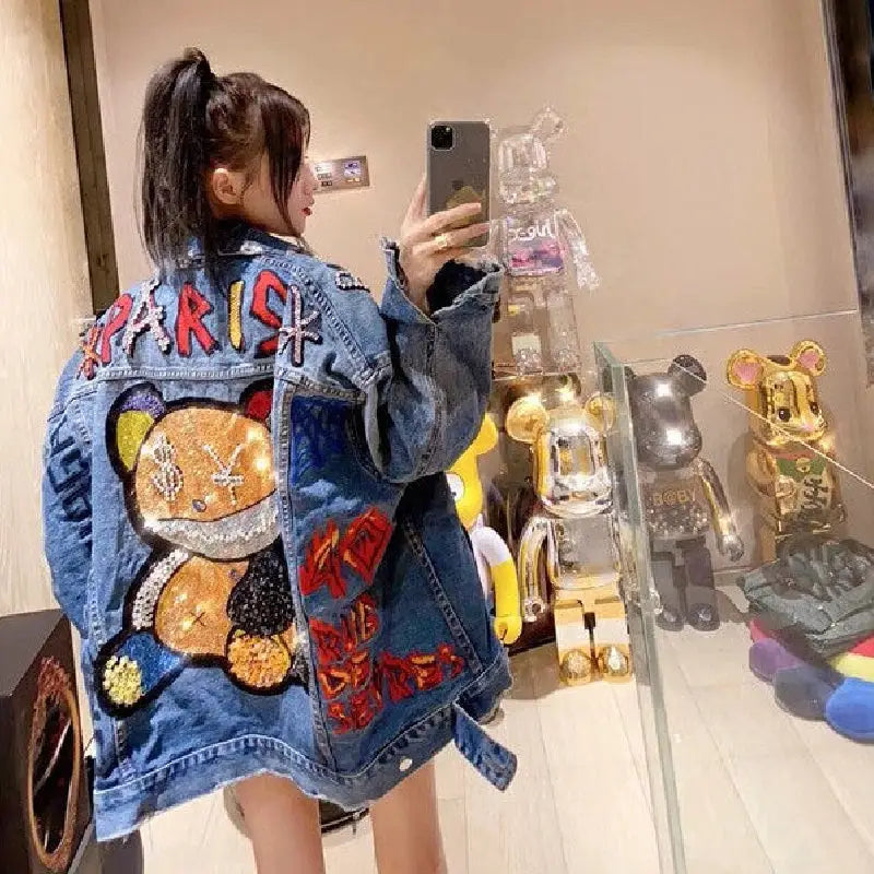 Denim Jacket with Paris Cute Bear Letters for Women
