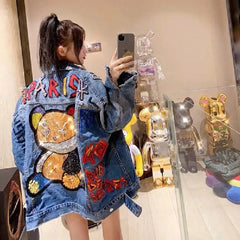 Denim Jacket with Paris Cute Bear Letters for Women
