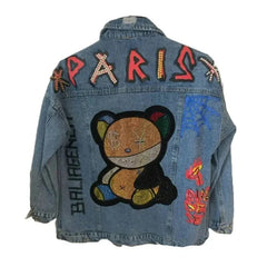 Denim Jacket with Paris Cute Bear Letters for Women