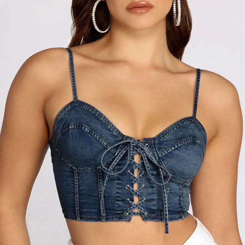 Denim Lace-Up Backless Crop Top Blue / S