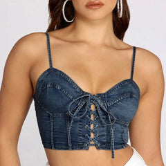Denim Lace-Up Backless Crop Top Blue / S