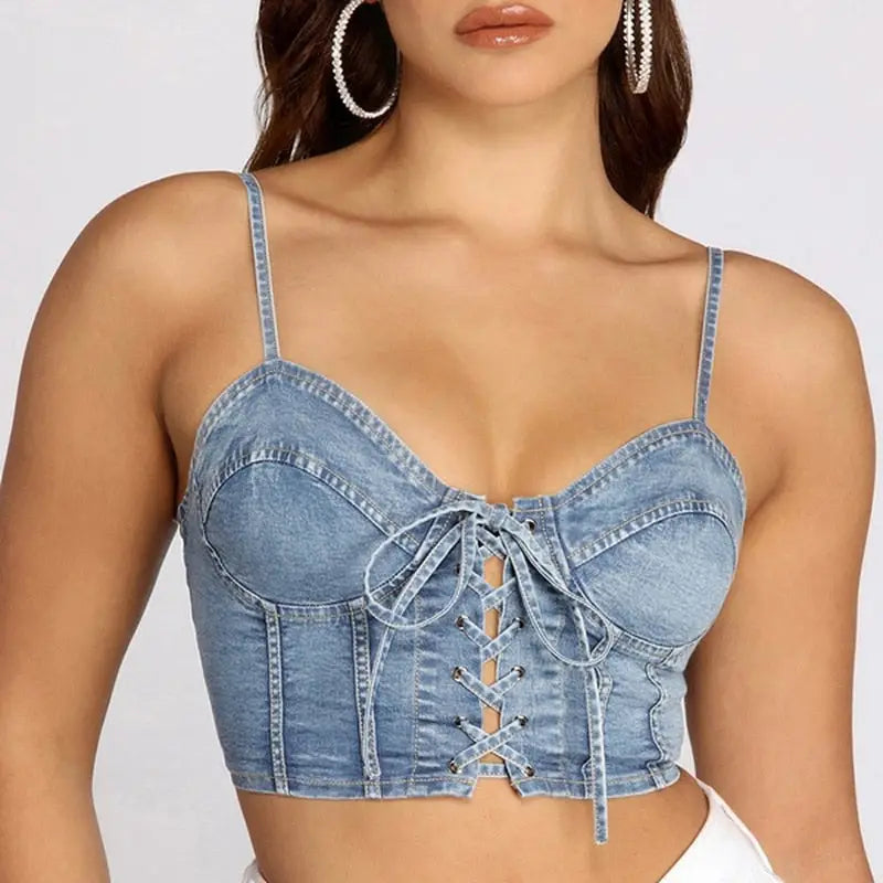 Denim Lace-Up Backless Crop Top Blue. / S