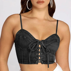 Denim Lace-Up Backless Crop Top Grey / S
