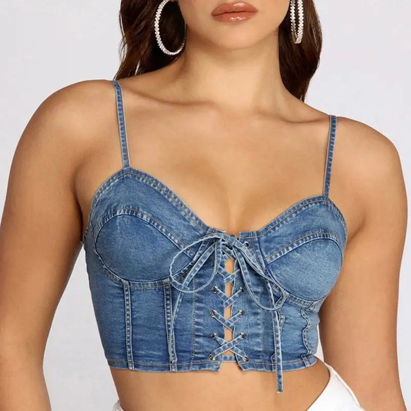 Denim Lace-Up Backless Crop Top Ligth Blue / S