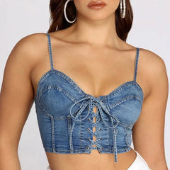 Denim Lace-Up Backless Crop Top Ligth Blue / S