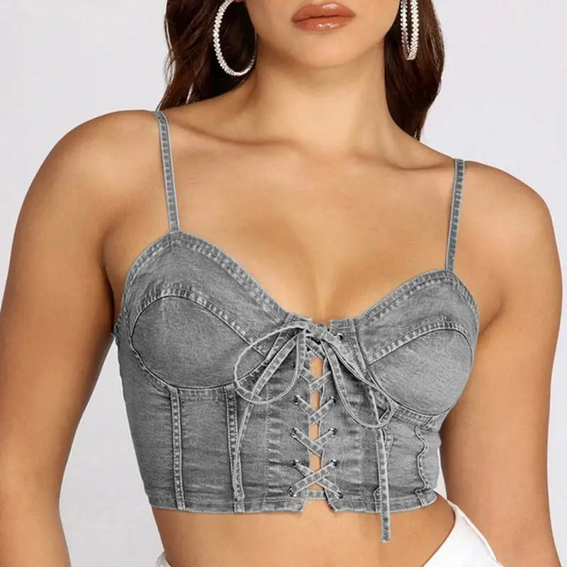 Denim Lace-Up Backless Crop Top Ligth Grey / S