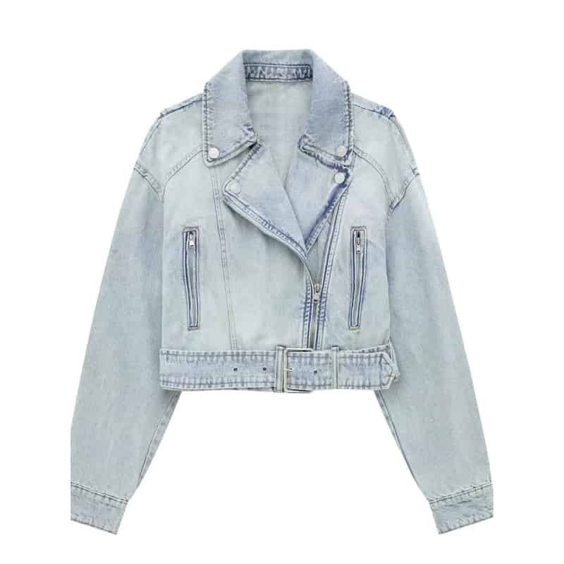 Denim Lapel Long Sleeve Belt Short Jacket Sky Blue / XS