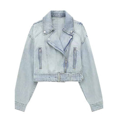 Denim Lapel Long Sleeve Belt Short Jacket Sky Blue / XS