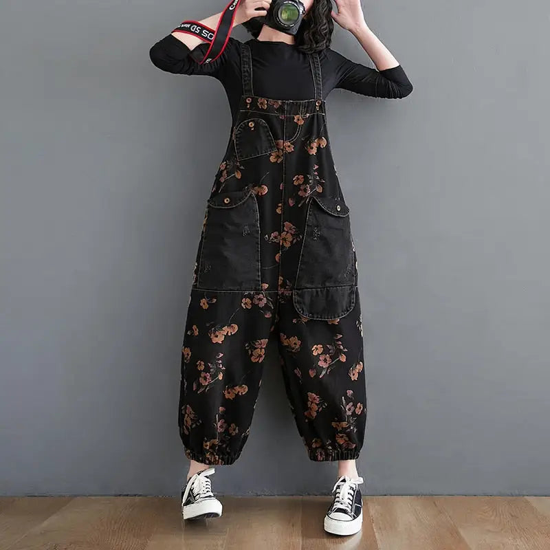 Denim Loose Jeans Black Jumpsuit Overall for Women / L