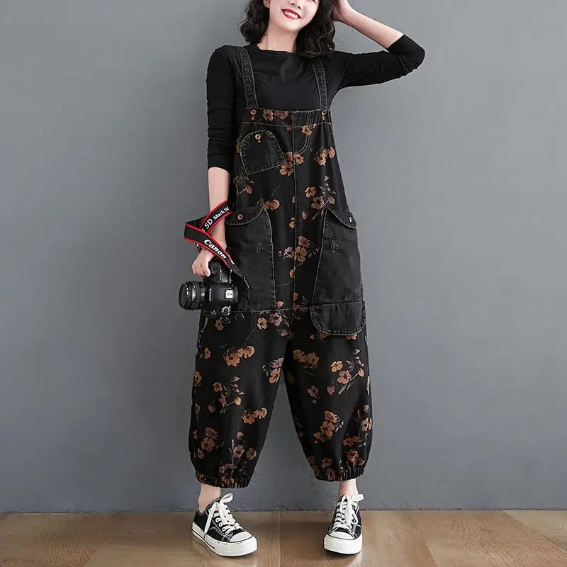 Denim Loose Jeans Black Jumpsuit Overall for Women