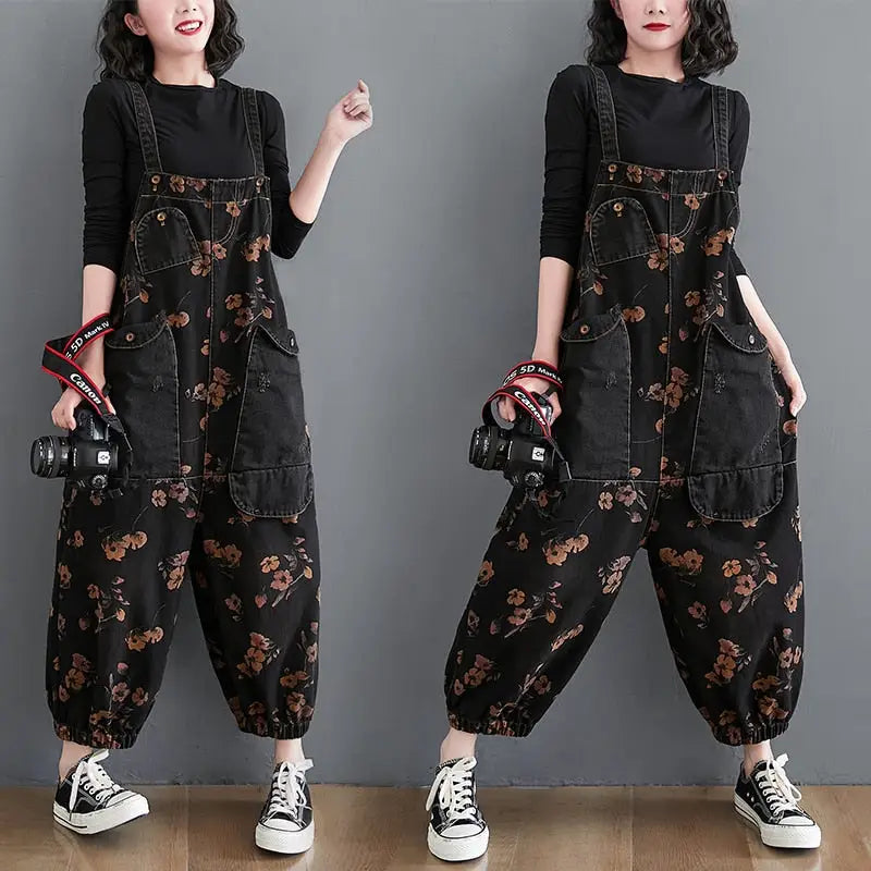 Denim Loose Jeans Black Jumpsuit Overall for Women