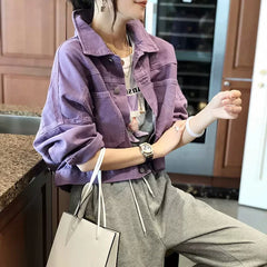 Denim Turn Down Collar Short Loose Jacket Purple / S