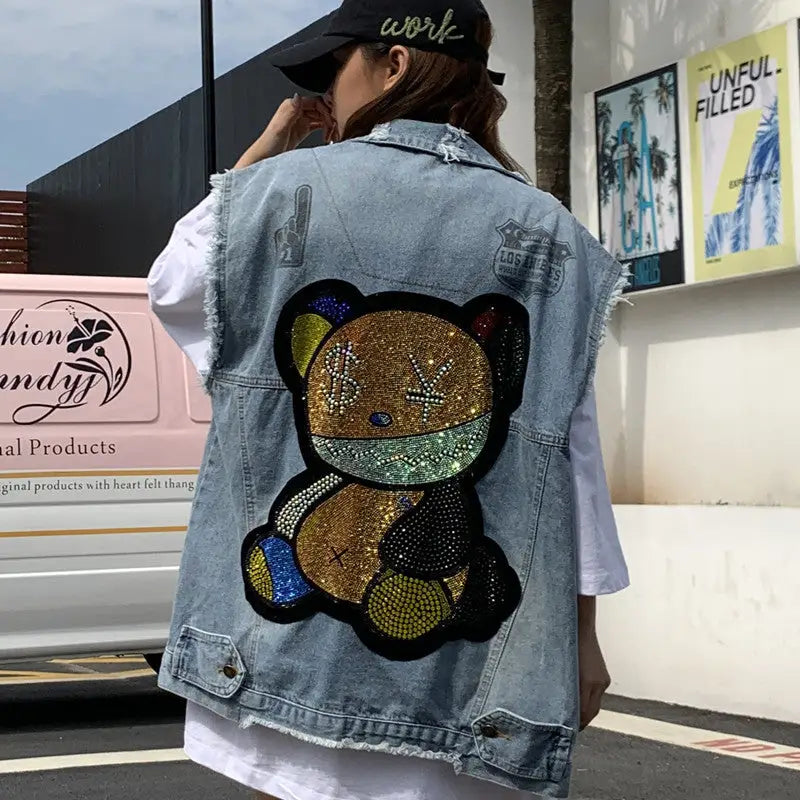 Denim Vest Diamond Bear Aesthetic Kawaii Style Blue / S