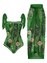 Set Floral Print One-Piece Swimsuit With Skirt Tight
