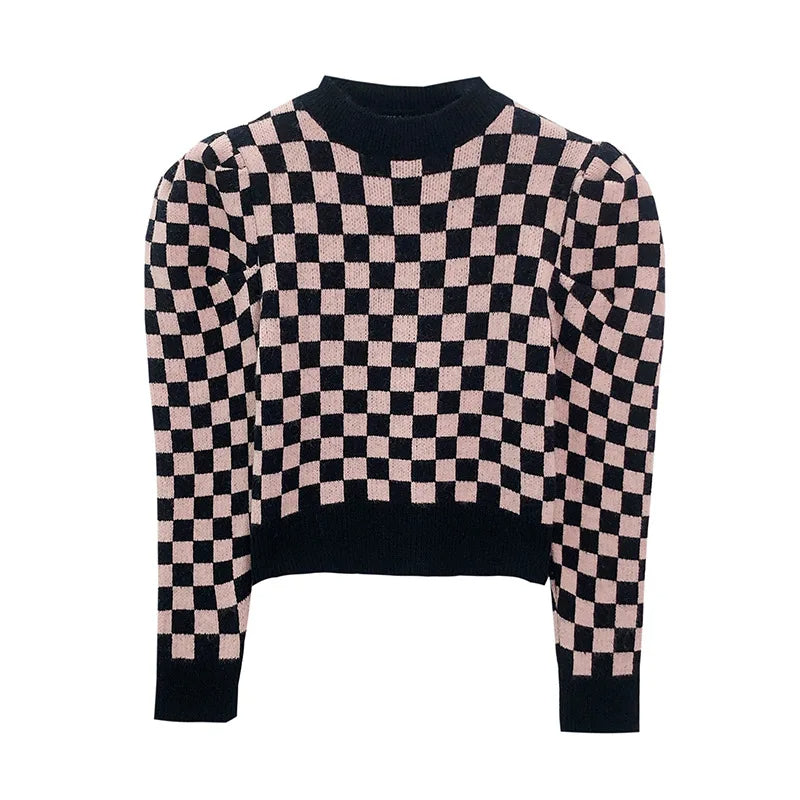 Contrast Checkerboard Turtleneck Knitted sweater