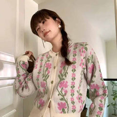 Vintage-Blumenpullover, langärmelige Strickjacke mit V-Ausschnitt