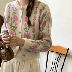 Vintage-Blumenpullover, langärmelige Strickjacke mit V-Ausschnitt
