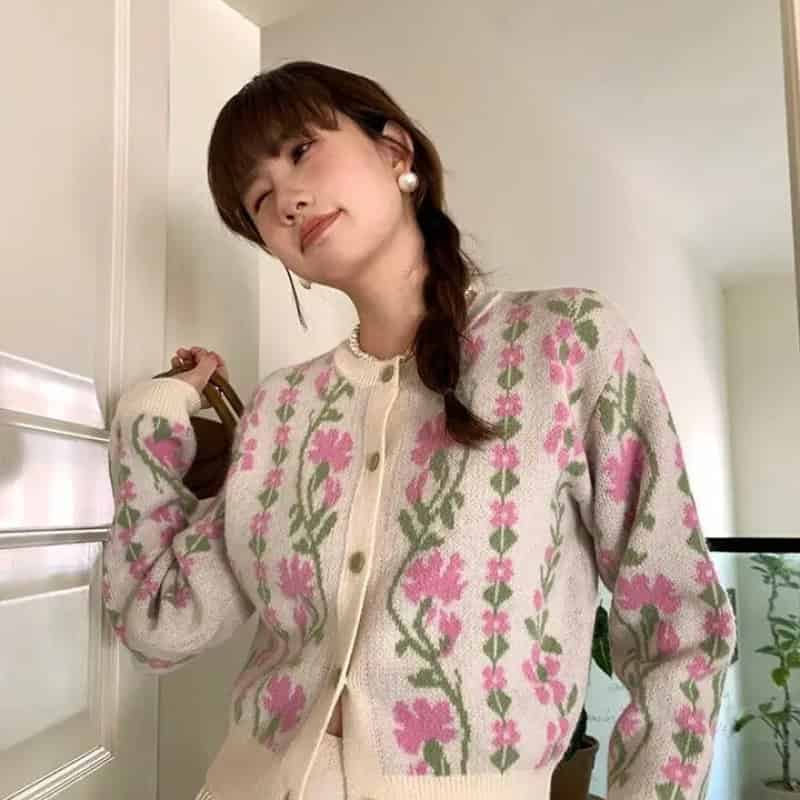 Vintage-Blumenpullover, langärmelige Strickjacke mit V-Ausschnitt