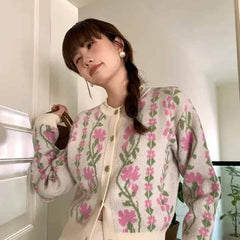 Vintage-Blumenpullover, langärmelige Strickjacke mit V-Ausschnitt