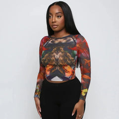 Aesthetic Y2k Zebra O Neck Long Sleeve Mesh Top