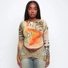 Aesthetic Y2k Zebra O Neck Long Sleeve Mesh Top