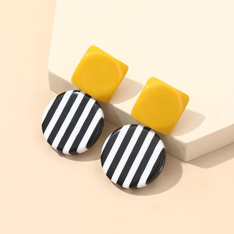 Modern Striped Acrylic Round Square Earrings | Urban Style & Fashion - view 2