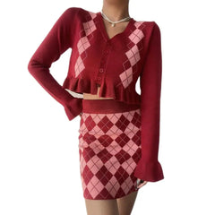 Diamon Plaid V-Neck Retro Sweater and Skirt - Red / M - 2