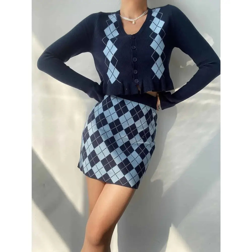 Diamon Plaid V-Neck Sweater and Skirt Set