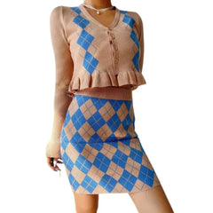 Diamon Plaid V-Neck Sweater and Skirt Set Beige / S