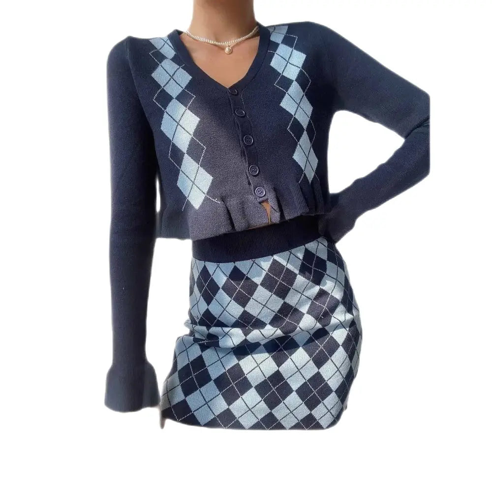 Diamon Plaid V-Neck Sweater and Skirt Set Blue / S