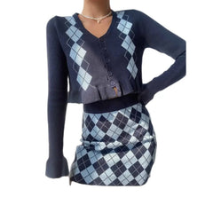 Diamon Plaid V-Neck Sweater and Skirt Set Blue / S