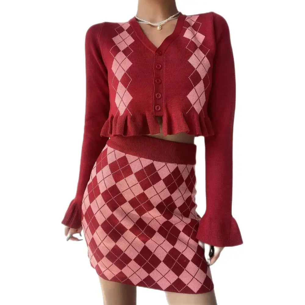 Diamon Plaid V-Neck Sweater and Skirt Set Red / S