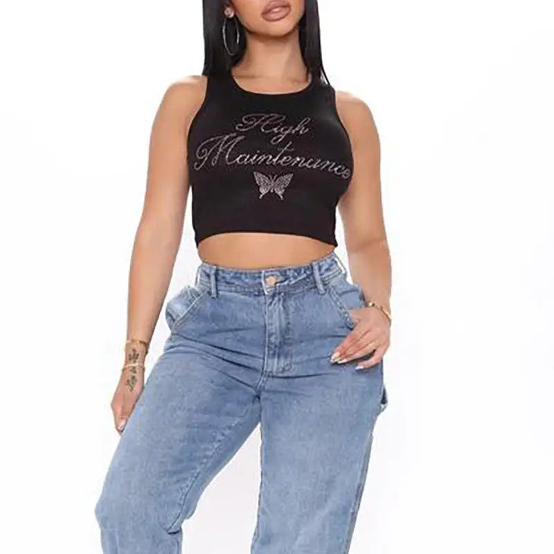 Diamond Butterfly Tank Crop Top for Casual Wear