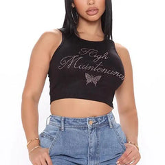 Diamond Butterfly Tank Crop Top for Casual Wear Black / S