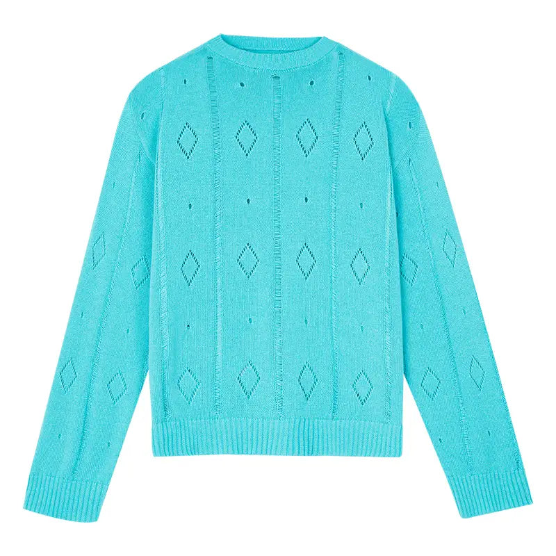 Diamond Hole Hollow Light Long Sleeve Sweater Lake-Blue / XS