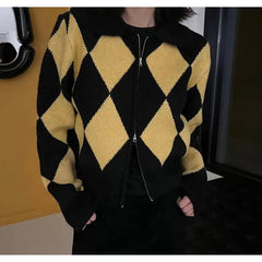 Diamond Lattice Polo-neck Long Sleeve Zipper Sweater