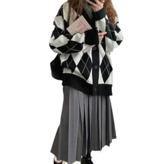 Diamond Oversized Long Sleeve Knitted Cardigan Sweater -
