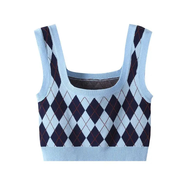 Diamond Plaid And Knitted Vest - Light Blue / L