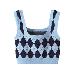 Diamond Plaid And Knitted Vest - Light Blue / L