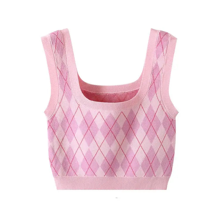 Diamond Plaid And Knitted Vest - Pink / L