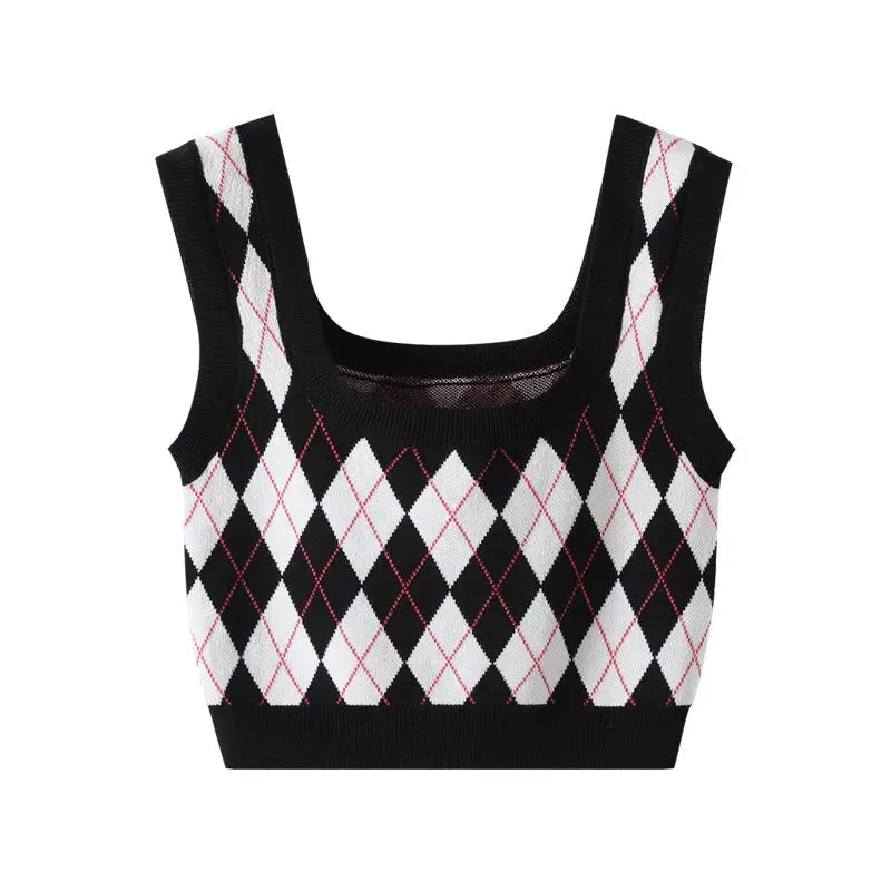 Diamond Plaid Knitted Vest Slim Fit Short Length