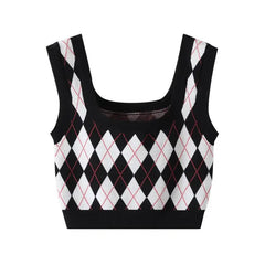 Diamond Plaid Knitted Vest Slim Fit Short Length